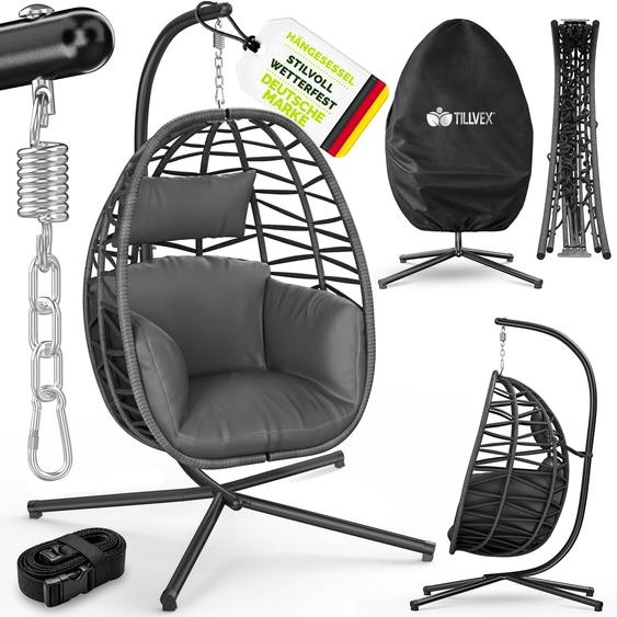 Fauteuil suspendu tillvex® avec structure dextérieur et housse résistante aux intempéries, fixation incluse | Fauteuil suspendu pliable pouvant supporter jusquà 150 kg | Siège suspendu en rotin | Fauteuil suspendu pour intérieur, jardin, balcon et