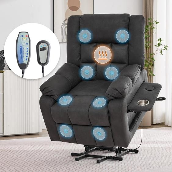 Fauteuil TV à réglage électrique, fauteuil de massage assis-debout avec fonction chaleur, fauteuil senior avec repose-pieds, 2 poches latérales et porte-boissons,