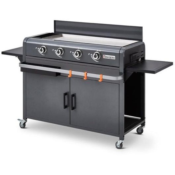 Favex - brasero - Plancha Lola à gaz sur chariot équipé Gun Metal - 4 brûleurs à gaz - jusquà 14 convives - Surface de cuisson 88 x 35,5 cm - 9,6 kW