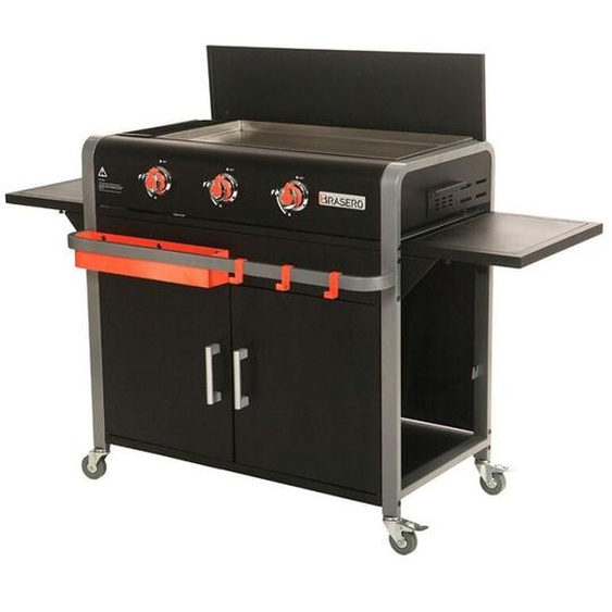 Brasero - Plancha Lola sur chariot équipé- Brasero- 3 Feux à gaz - Jusquà 12 convives - Surface de cuisson 68,5 x 35,50 cm - 7,2 kw Récupérateur de