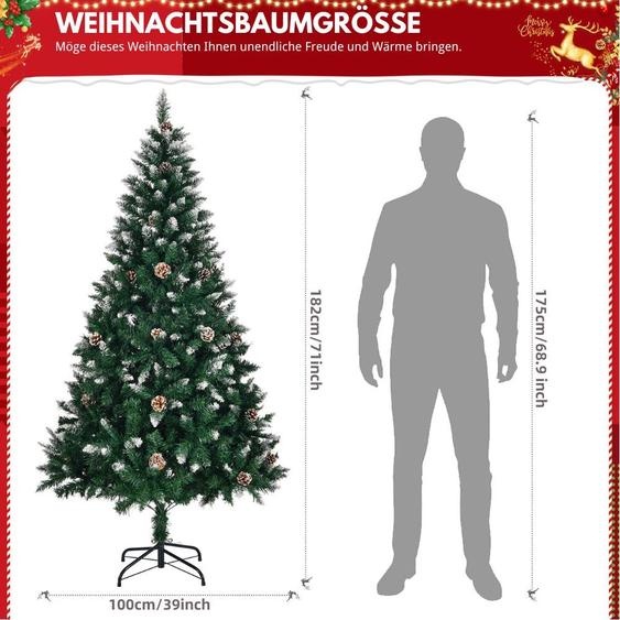 FCH Arbre de Noël artificiel avec pommes de pin et neige, 180cm avec 800 pointes & support métallique, pour arbre Décoration de Noël