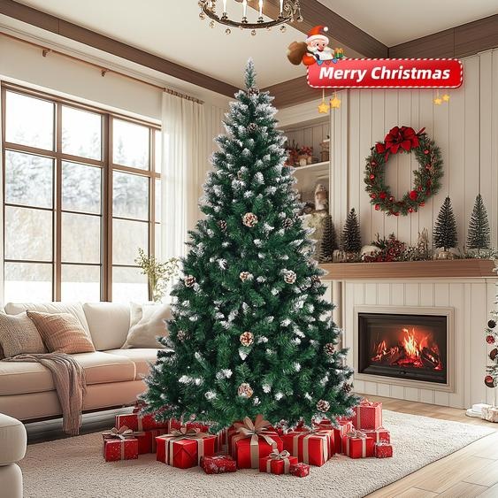 FCH Arbre de Noël artificiel avec pommes de pin et neige, 180cm avec 900 pointes & support en métal