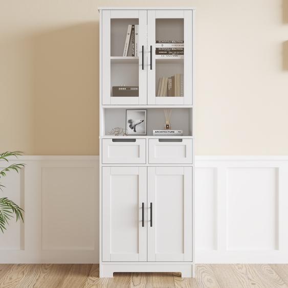 FCH Armoires basses de cuisine,Armoire à provisions, avec 4 portes et 2 tiroirs,60 x 30 x 170cm,Blanc