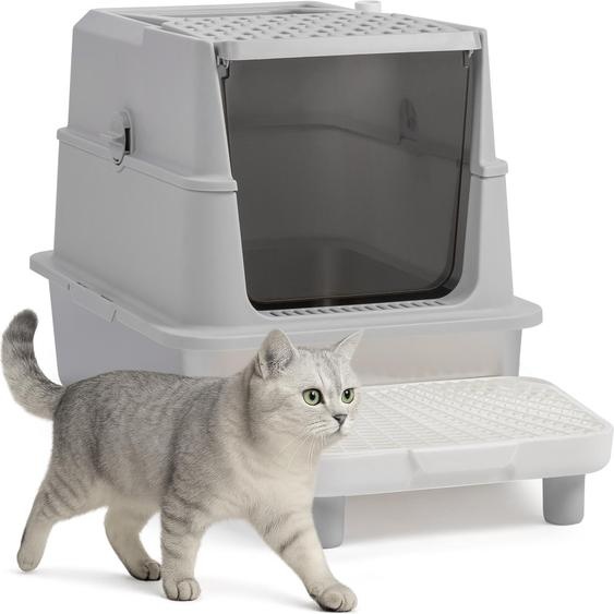 FCH bac à litière avec couvercle, bac à litière en acier inoxydable avec pédale et bêche, 60 x 40 x 46CM