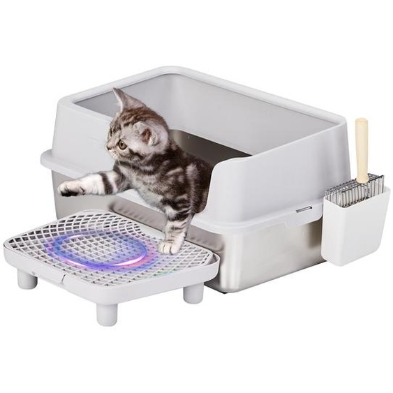 FCH Bac à litière, semi-fermé Acier inoxydable avec pédale et bêche, 61 x 40 x 33CM