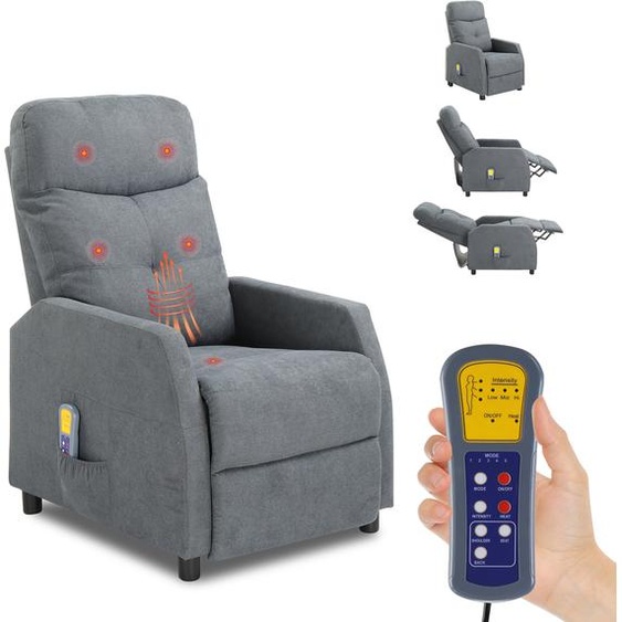 Fauteuil de massage FCH, fauteuil de télévision et de détente avec fonction massage et fonction chauffante, revêtement en tissu, dossier à inclinaison manuelle uniquement, gris