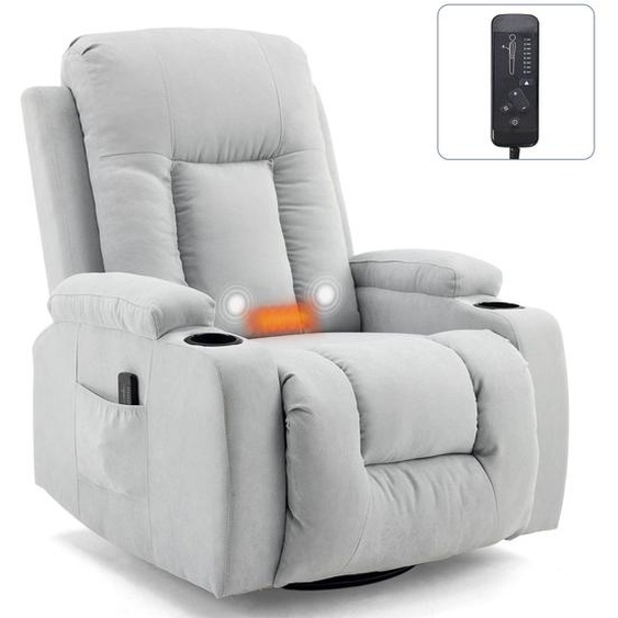 Fauteuil relax rotatif à 360°, fauteuil téléviseur avec fonction de chauffage, vibration et massage, 2 poches latérales, porte-gobelets, manuel dutilisation, position inclinable