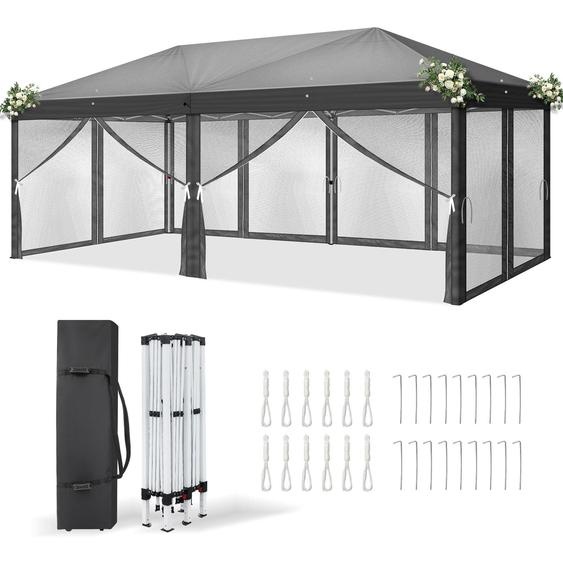 FCH Tente pliante Pavillon de fête Pavillon pop-up 3 x 6 m, avec 6 rideaux en filet, protection UV, pavillon de jardin réglable en hauteur, avec sac de transport, gris