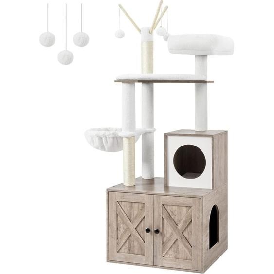 Feandrea - Arbre à Chat avec Litière, Griffoir Moderne 2-en-1, Cache-litière, Maison pour Chat avec Griffoirs, Bâtons avec Pompons Amovibles, Grège