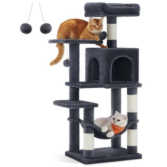 Feandrea - Arbre à Chat Hauteur 112 cm, Tour de Jeux pour Chats, avec 4 Poteaux à Griffer, 2 Plateformes, 1 Niche, 1 Hamac, 2 Pompons, en Tissu