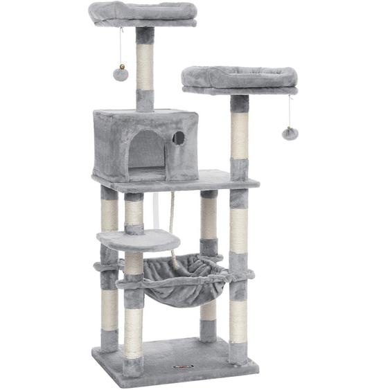 Feandrea - Arbre à Chat Hauteur 143 cm, Tour de Jeux pour Chat, avec 11 Poteaux à Griffer, 2 Plateformes, 1 Niche, 1 Hamac, 2 Pompons, en Tissu