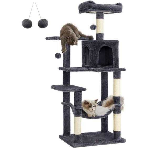 Feandrea - Arbre à Chat Hauteur 143 cm, Tour de Jeux pour Chats, avec 4 Poteaux à Griffer, 2 Plateformes, 1 Niche, 1 Hamac, 2 Pompons, en Tissu