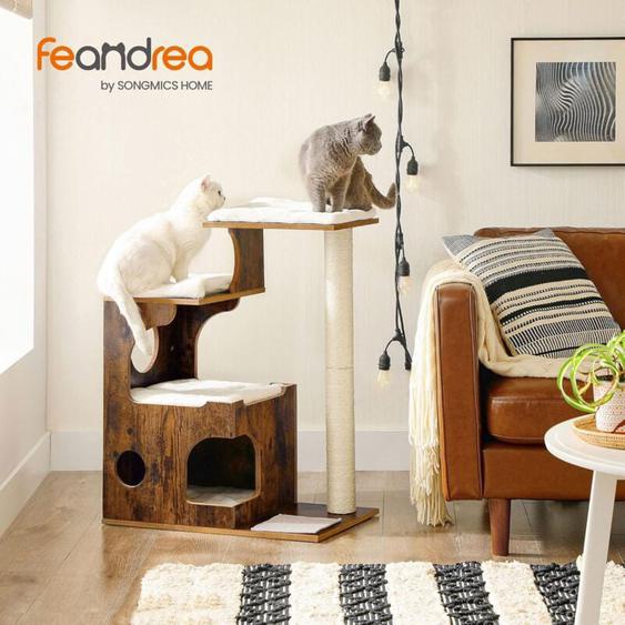 Feandrea - Arbre à Chat, Hauteur 86cm, 3 Plate-Formes et 1 Grotte, Panneau mdf avec placage de Bois, Poteau en sisal, Imitation Fourrure Lavable,