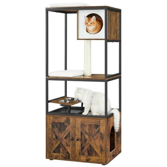 Feandrea - Arbre à Chat, Maison pour Chat avec Cache-litière, Gamelles Surélevées, Poteau à Griffer en Sisal, Tapis Lavables, Marron Rustique