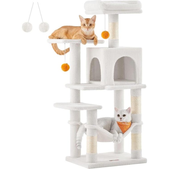Feandrea Arbre à chat pour chats, hauteur 112 cm, tour de jeu, avec 4 arbres à chat, 2 plates-formes, 1 niche, 1 hamac, 2 pompons, tissu peluche, à plusieurs étages