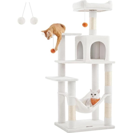 Feandrea Arbre à chat pour chats, hauteur 143 cm, tour de jeu, avec 4 arbres à chat, 2 plates-formes, 1 niche, 1 hamac, 2 pompons, tissu peluche, à plusieurs étages