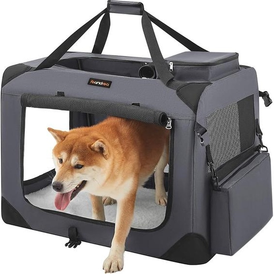 Feandrea banc pliable pour chiens, boîte de transport pour chiens, L, sac pour chiens, tissu Oxford, filet, respirant, portable, cadre métallique, avec poignées, poches,