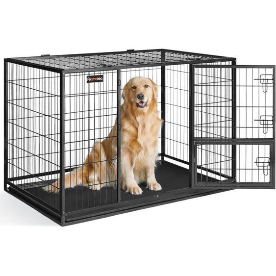 Feandrea Cage pour Chien Lourd, pour Chiens de Taille Grande et Moyennet, Double Porte Amovible, Nettoyage Facile, Parc à Chiens, Noir, 122 x 74,5 x