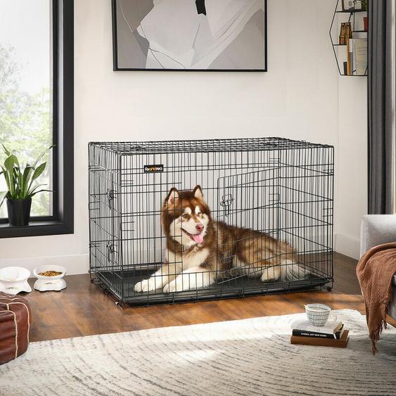 Feandrea - Cage pour Chien Pliable Noir - Avec 2 Portes - Plateau Amovible - 122 x 74,5 x 80,5 cm - Taille xxl