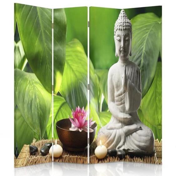 Feeby Décoration Paravent dintérieur sur toile, 4 parties une face, Bouddha blanc Feuillage 145x150 cm
