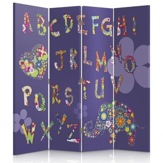 Feeby Diviseur de pièce 4 pans une face Paravent dintérieur en toile imprimée, Alphabet Enfant Violet 145x150 cm