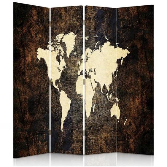 Feeby Diviseur de pièce 4 pans une face Paravent dintérieur en toile imprimée, Carte du monde jaune marron 145x150 cm