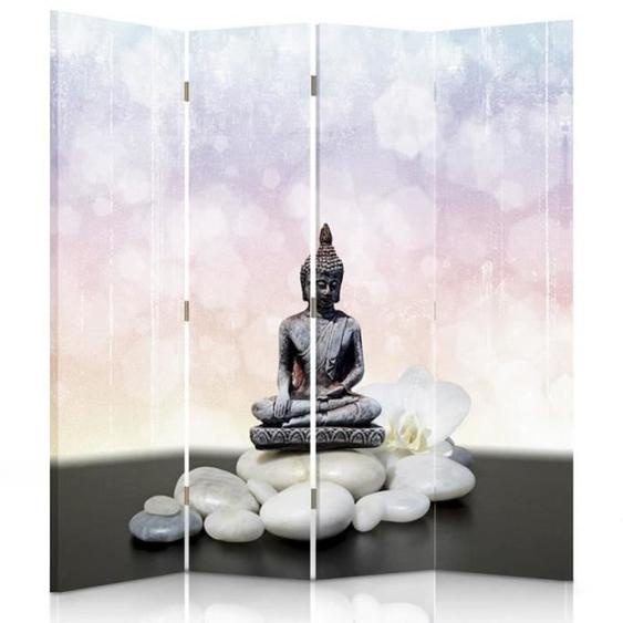 Feeby Séparateur de pièce décoratif Paravent déco, 4 pans une face, Bouddha Galets blancs 145x150 cm