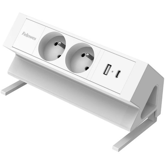 Fellows Bloc de prises électriques Ampra à pince pour bureau - 2 prises secteur + 1 port USB-A et USB-C - Blanc