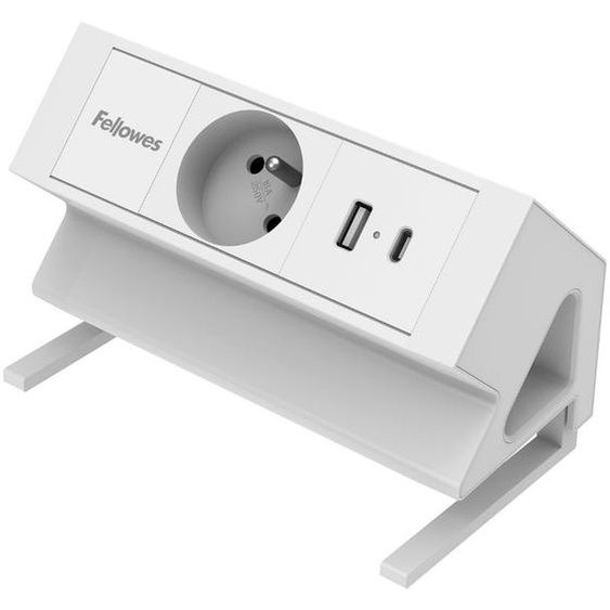 Fellows Bloc prise électrique Ampra à pince pour bureau - 1 prise secteur + 1 port USB-A et USB-C - Blanc