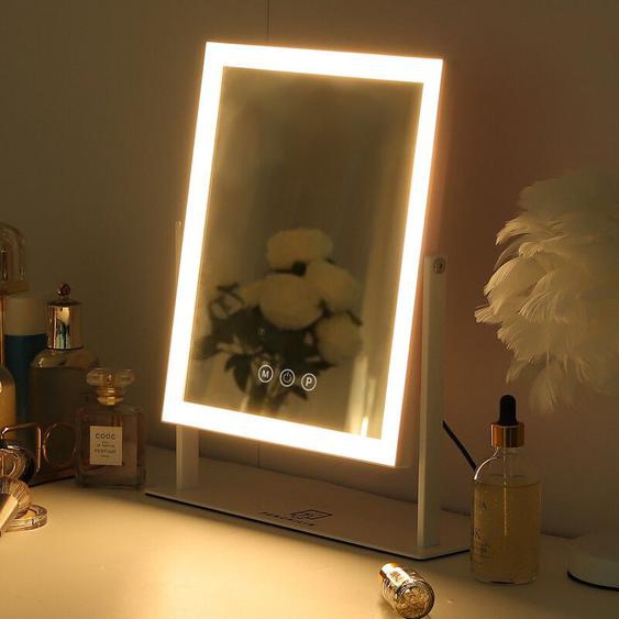 Miroir de maquillage éclairé par led, miroir de courtoisie réglable en 3 couleurs, miroir à luminosité réglable, blanc 25 cm x 30 cm Fenchilin