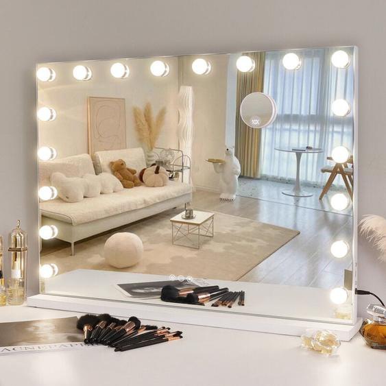 Fenchilin - Miroir Maquillage Lumineux Led 18 Ampoules 3 Couleurs Luminosité Ajustables Ecran Tactile & Loupe de Grossissant 10X blanc 80cm x 58cm