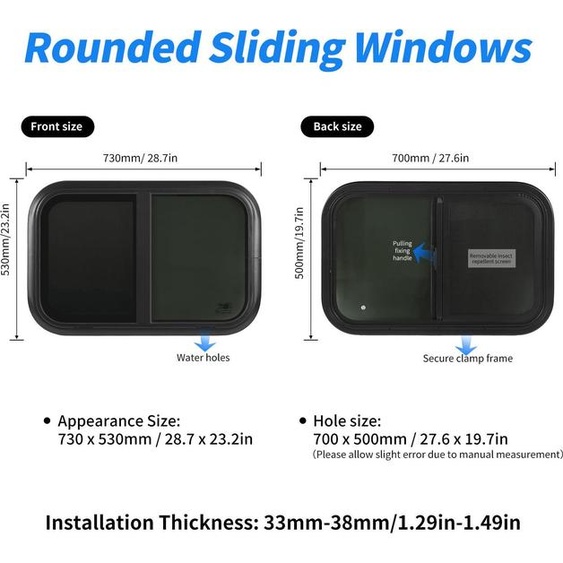 Fenêtre coulissante pour camping-car, 700 x 500 mm, alliage daluminium noir, remorque, verre résistant aux UV, avec moustiquaire amovible, pour une épaisseur de paroi de 33 à 38 mm.