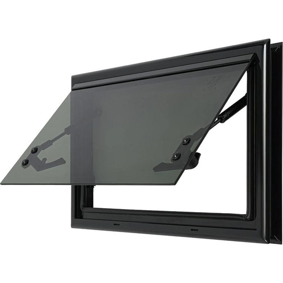 Fenêtre rectangulaire pour camping-car/caravane - Fenêtre à projection - Verre trempé - Montage sandwich - Remplacement direct - Ouverture 85° - 18% de transmission de lumière - Noir
