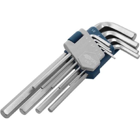 Ferrestock FSKALN002 Jeu de 9 clés ALLEN longues en acier trempé au chrome-vanadium (Cr-v), angle de 90 degrés, support plastique of avec dimensions de chaque clé