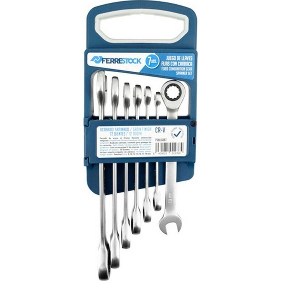Ferrestock FSKLLG007 set de 7 clés à cliquet fixes, en chrome-vanadium de haute qualité, satiné, cliquet de 72 dents, support inclus