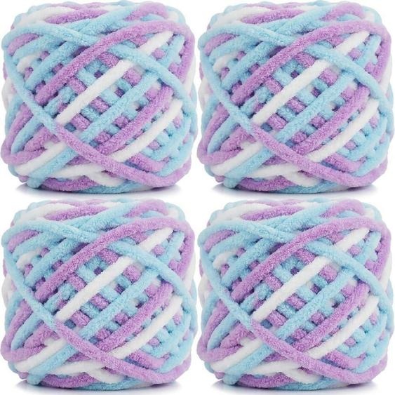 Fil à tricoter, pelote de 95g x 4, épaisseur 7mm, doux et moelleux, idéal pour couvertures, poupées, sacs, bonnets, coussins, paniers pour chats (bleu, violet, blanc)