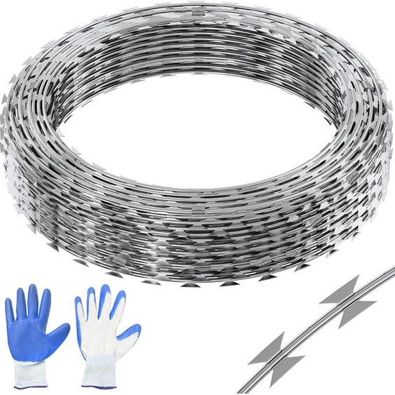 Fil de fer naturel VEVOR 45 m (3 rouleaux x 15 m) Fil de fer barbelé double spirale Fil de clôture barbelé (0,51 mm) lames tranchantes et (env. 4 mm) fils dâme épais Grillage pour une protection spirale exceptionnelle