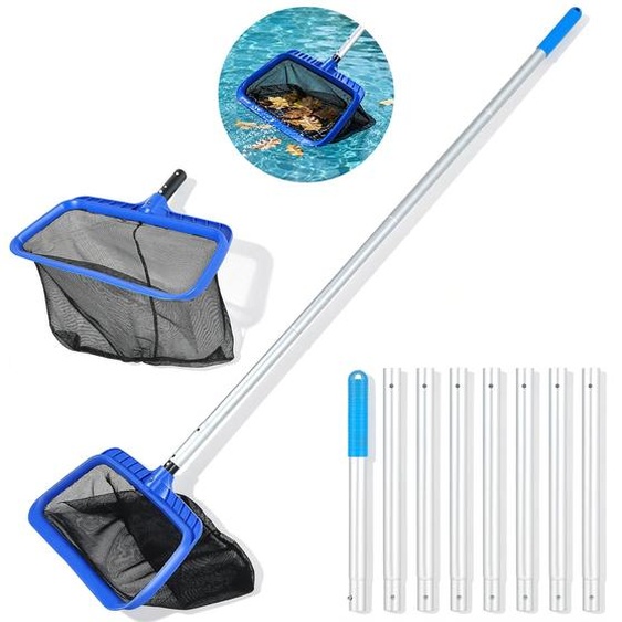 Filet de nettoyage pour piscine - Tige en aluminium réglable de 3,2 mètres - Large ouverture - Adapté aux piscines, aux étangs et aux jacuzzis - Couleur : bleu