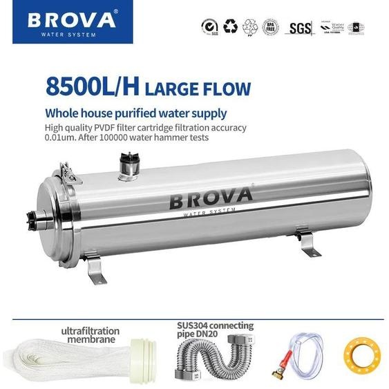 Filtre à eau central pour la maison - Traitement de leau - Ultrafiltration PVDF 0,01 µm - Débit de 8 500 L/h - Acier inoxydable SUS304 - Sans alimentation électrique - À installer sous lévier