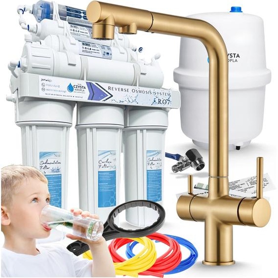Robinet de cuisine extensible à 3 jets avec filtre à eau RO7, finition dorée