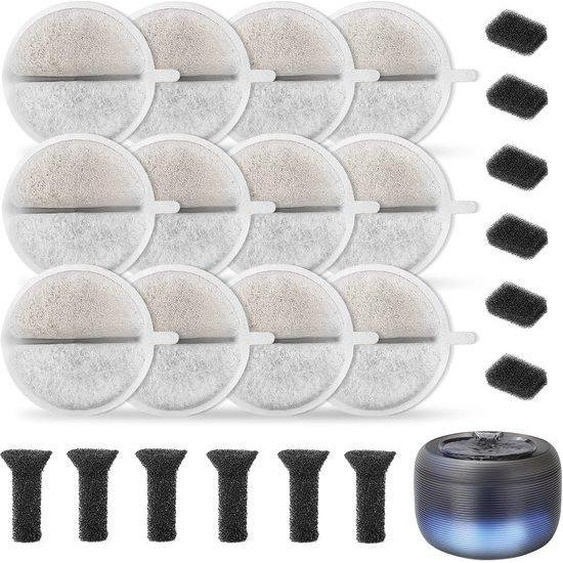 Filtre pour fontaine à eau pour chat, 12 filtres de rechange et 12 kits de remplacement, résine échangeuse dions et charbon actif pour fontaine à eau pour chat de 2,5 L