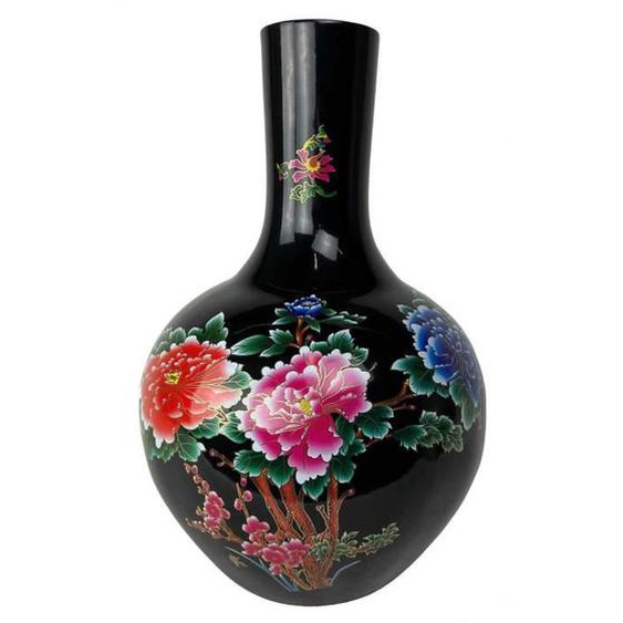 Fine Asianliving Chinese Vase Black Flowers Peonies Handmade D41 x H 57 cm