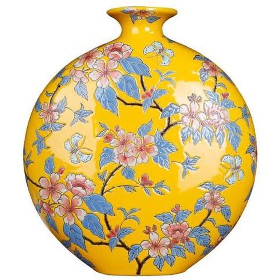 Fine Asianliving Chinese Vase Handpainted Yellow W32xD12 x H 34 cm