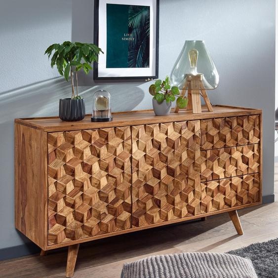 FineBuy Buffet en bois massif de Sheesham 140 cm avec 2 portes & 3 tiroirs - Commode rétro massive avec pieds en bois - Buffet design naturel - Fait main
