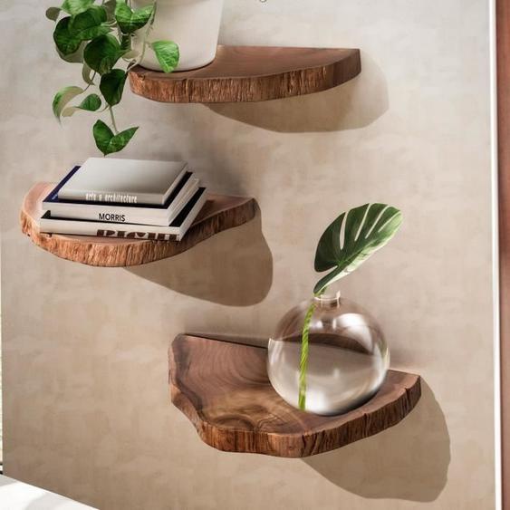 FineBuy Lot de 3 Étagères Murale Bois Massif Étagère Suspendue Flottante Moderne
