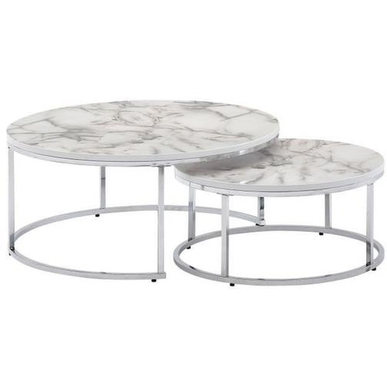 Table gigogne optique marbre blanc FineBuy - Moderne - Set de 2 tables - Blanc - Métal - Rond
