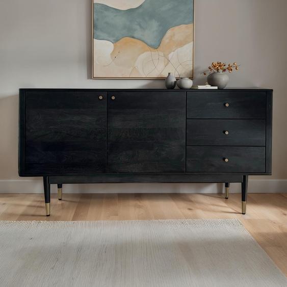 FineBuy Sideboard Acacia Massif 160 cm 2 portes & 3 tiroirs - Commode Rétro Massive en noir - Design Naturel Buffet - Handdustrial