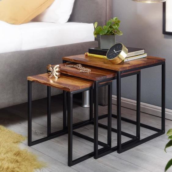 Tables Gigognes - FINEBUY - Set de 3 Tables Basses - Bois Massif Sheesham - Cadres Métalliques - Design Moderne
