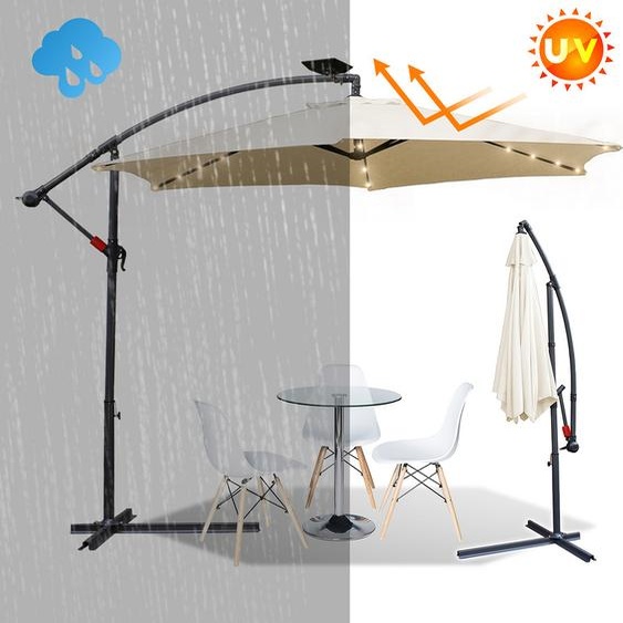 Fiqops 3.5m Parasol UV40+ Camping Parapluie suspendu LED Parasol solaire de jardin avec LED -Beige