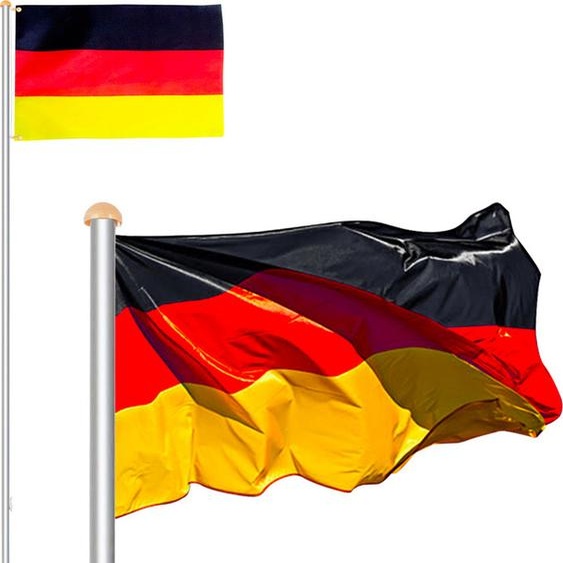 Fiqops Mât de drapeau aluminium télescopique 650cm douille au sol 60cm incl. drapeau allemand Mât de drapeau drapeau alu